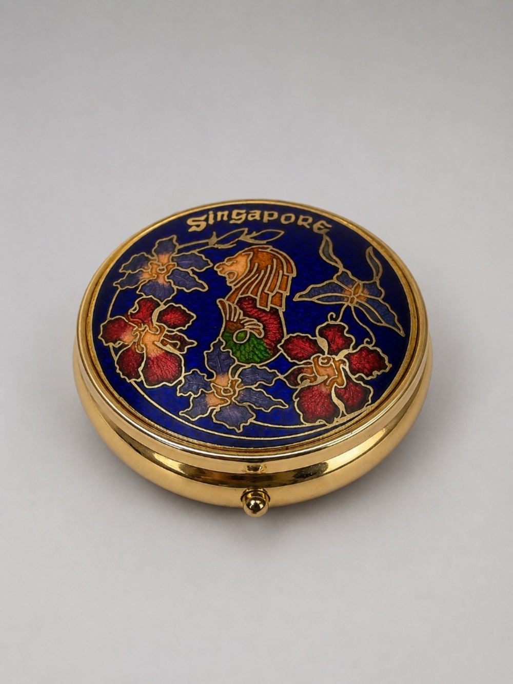 Beautiful Singapore Cloisonné Orchids and Merlion Pill Box with 3 Compartments